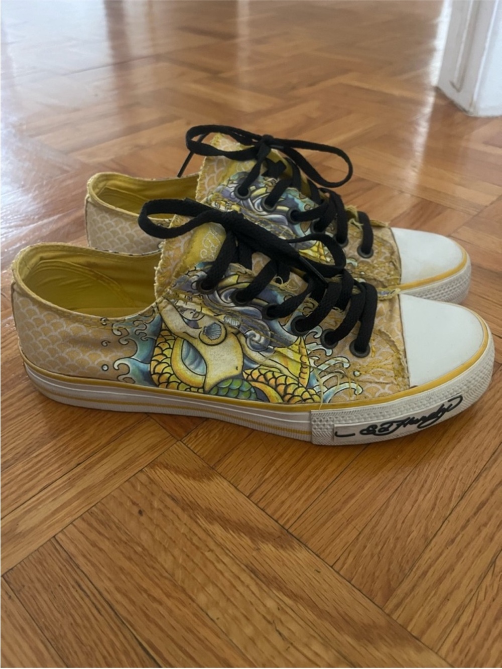 Ed Hardy Yellow and Black Low-Top Sneakers Y2K